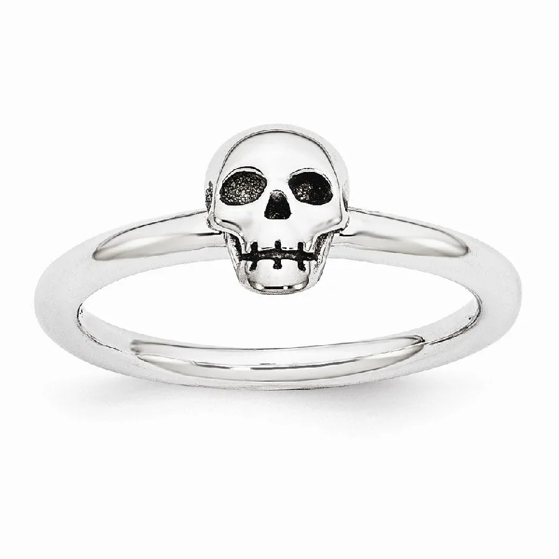 Women's rings floral-steel-Rhodium Plated Sterling Silver Stackable 6mm Antiqued Skull Ring