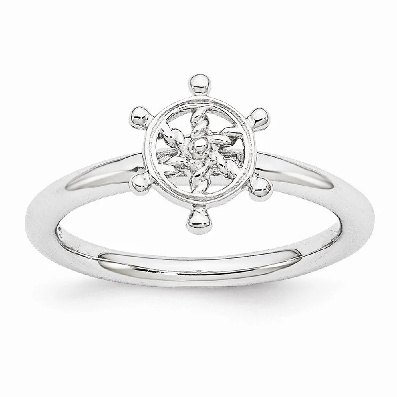 Women's rings blush-link-Rhodium Plated Sterling Silver Stackable 9mm Ship's Wheel Ring