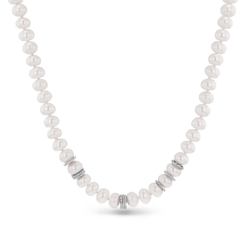 Women's necklaces playful-luxe-Hand Knotted White Pearl and Diamond Necklace  N0002970