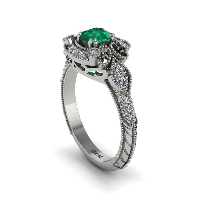 Women's engagement rings modern-asymmetry-Emerald Vintage Filigree Cushion Cut Engagement Ring - Elaina No. 6