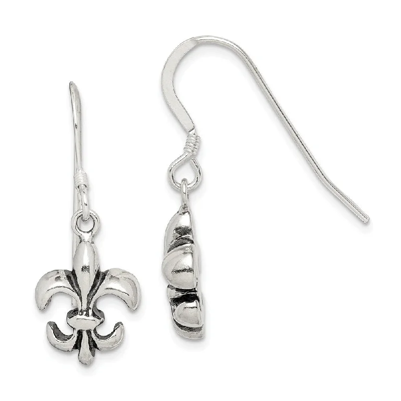 Women's earrings radiant-swirl-Fleur De Lis Dangle Earrings in Antiqued Sterling Silver