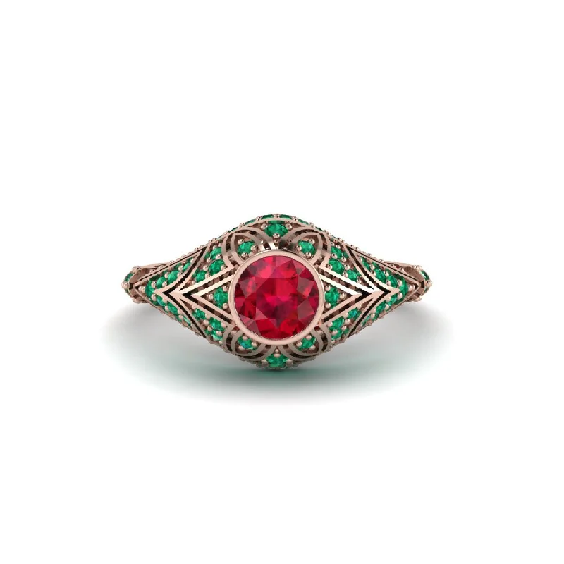 Women's engagement rings subtle-glam-Ruby Bezel Vintage Filigree Engagement Ring - Kendall No. 26