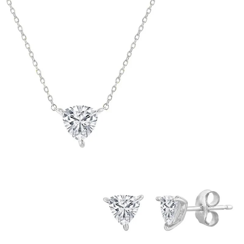 Women's necklaces retro-luxe-Classic Women's Necklace and Earrings Set - Silver Solitaire Trillion CZ | SET-615