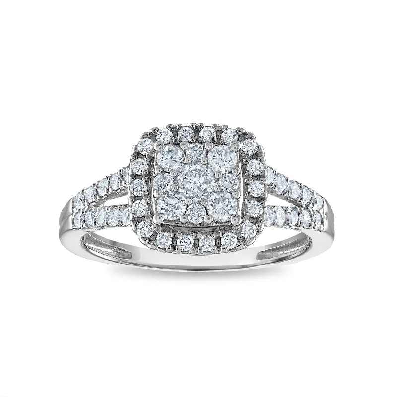 Women's engagement rings ornate-shimmer-Signature 3/4 CTW Diamond Engagement Halo Cushion Ring in 14KT White Gold