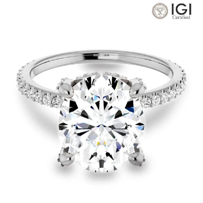 Women's engagement rings fine-pave-Lab Grown Oval Diamond Engagement Ring With Hidden Halo IGI Certified