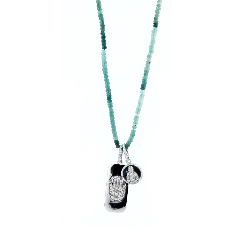 Women's necklaces floral-charm-Hamsa Tag & Buddha Coin Pendants on Grandidierite Bead Necklace - 34"  N0003159