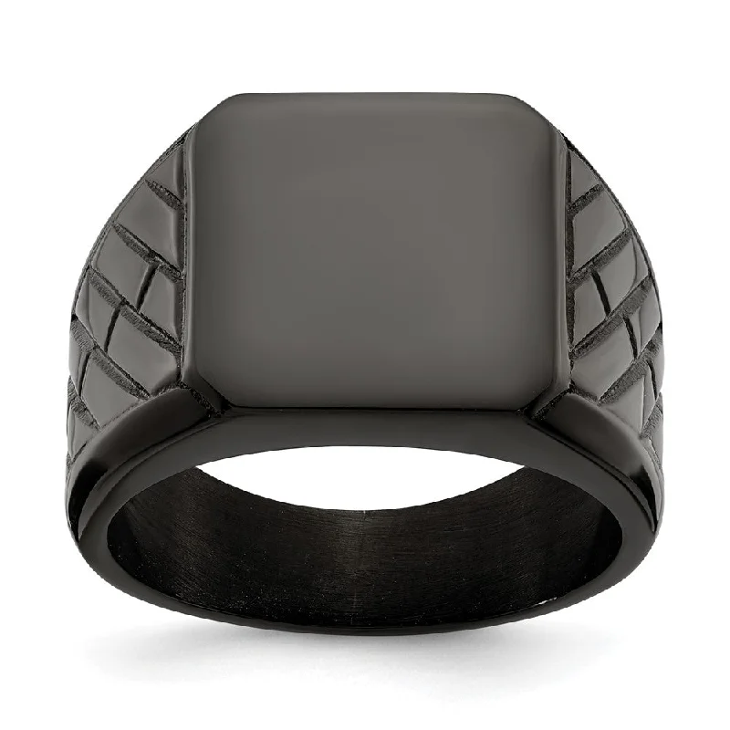 Women's rings glossy-edge-Men's 14.5mm Black Plated Stainless Steel Tapered Signet Ring