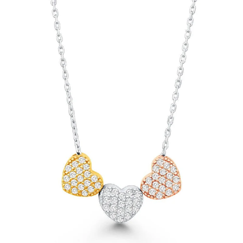 Women's necklaces delicate-curve-Sterling Silver Three Tri Color CZ Hearts Necklace