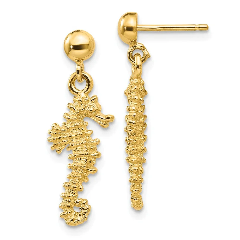 Women's earrings floral-steel-Small Textured Seahorse Dangle Post Earrings in 14k Yellow Gold