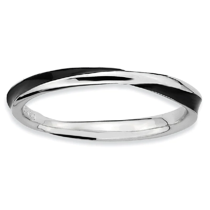 Women's rings ornate-shine-2.5mm Silver Twisted Black Enameled Stackable Band