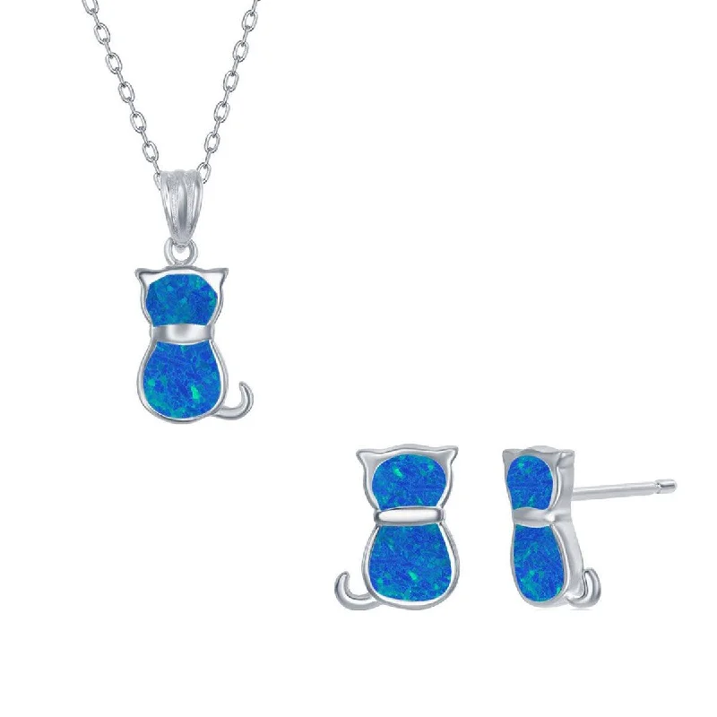 Women's necklaces luminous-moonstone-Opalata Women's Necklace and Earrings Set - Sterling Silver Blue Opal Cat | SET-577