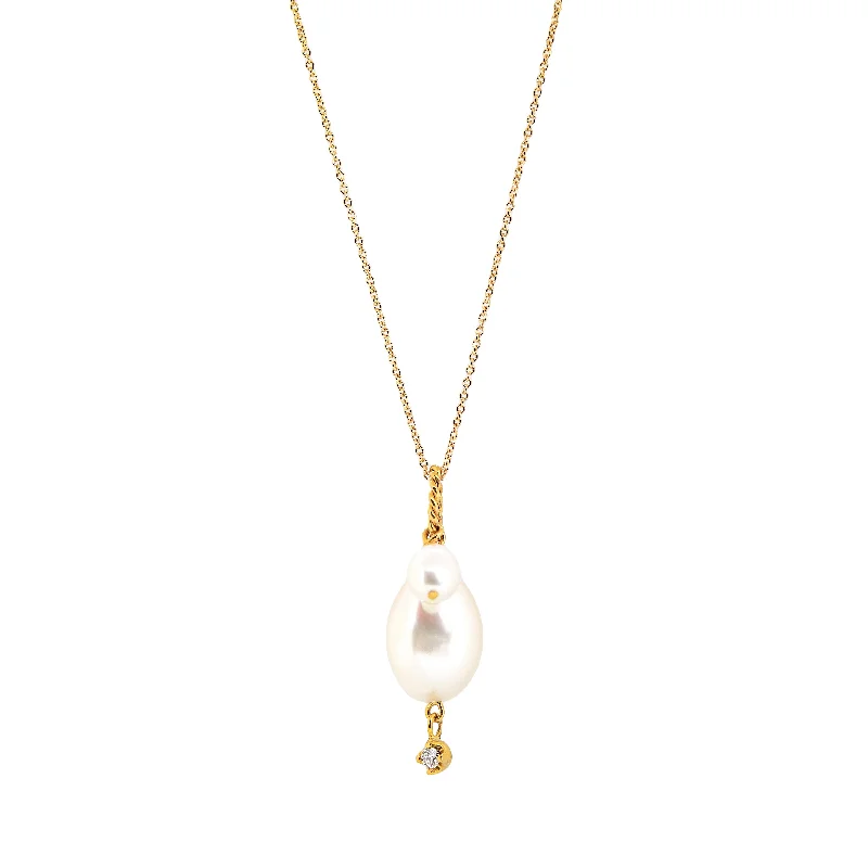 Women's necklaces sparkling-accent-Double Pearls and Diamond Pendant / Necklace, Solid Gold