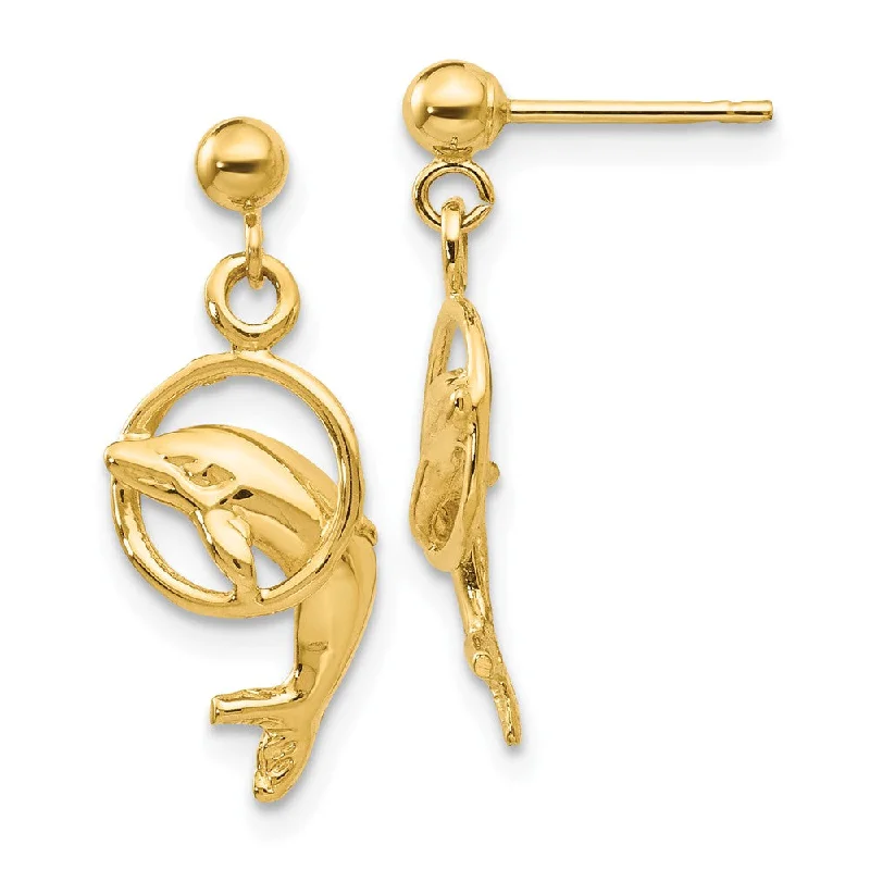 Women's earrings crafted-charm-Dolphin & Hoop Dangle Post Earrings in 14k Yellow Gold