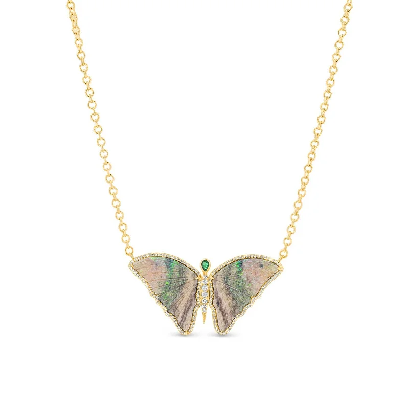 Women's necklaces shimmering-blush-One of a Kind Australian Opal and Emerald Butterfly Necklace SNG00171