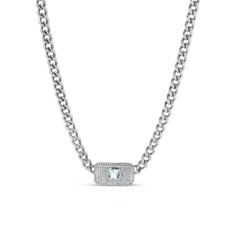 Women's necklaces snug-curve-Aquamarine & Pave Diamond Pendant Chain Necklace - 16"  N0002879