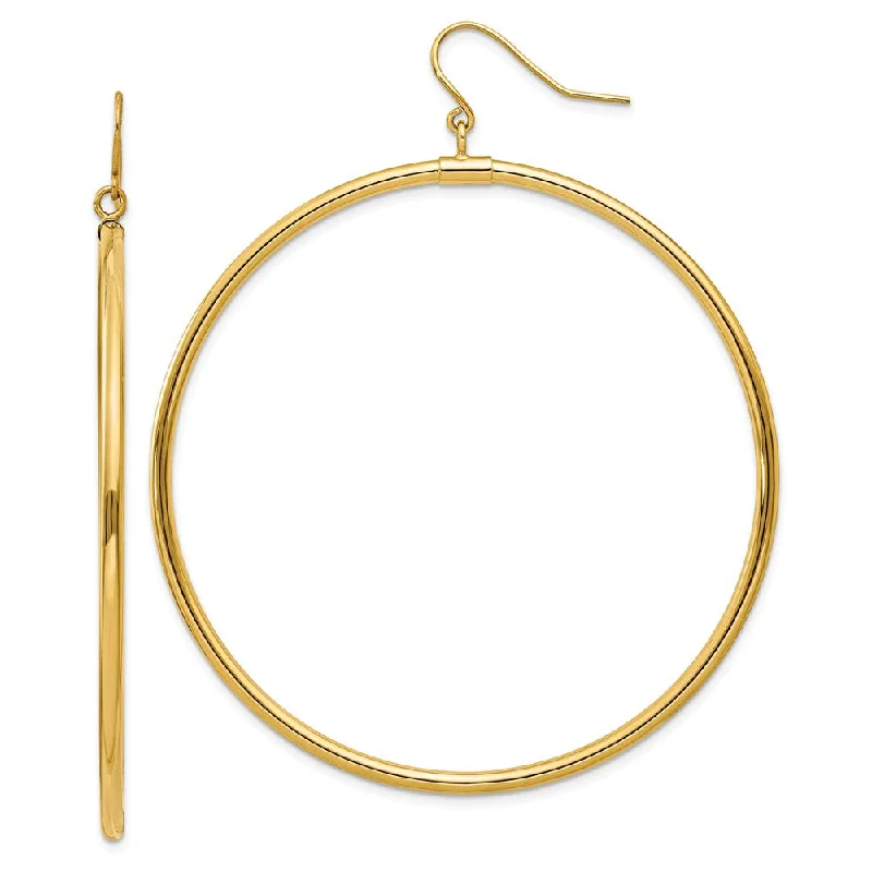 Women's earrings retro-flair-2mm, 14k Yellow Gold, Extra Large Tube Hoop Dangle Earrings, 55mm