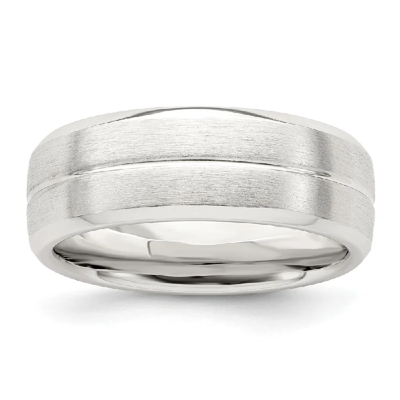 Women's rings chunky-steel-Men's 7mm Sterling Silver Brushed Grooved Center Standard Fit Band