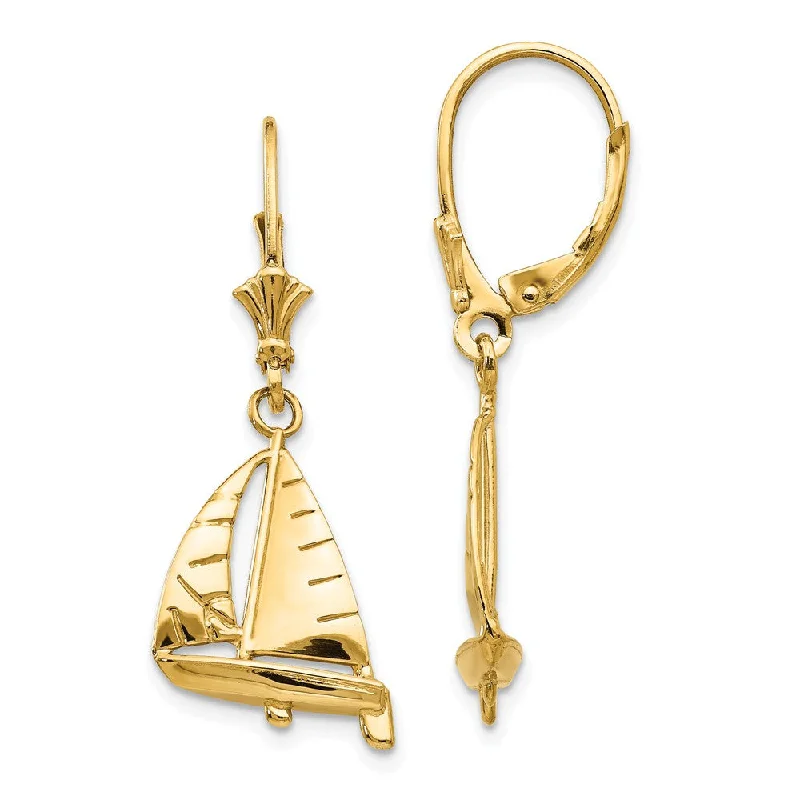 Women's earrings peachy-charm-Polished 3D Sailboat Lever Back Earrings in 14k Yellow Gold