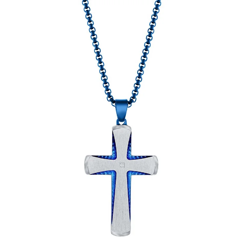 Women's necklaces wispy-stone-Metallo Men's Necklace - Stainless Steel Blue and Silver Single CZ Cross | SL-7120