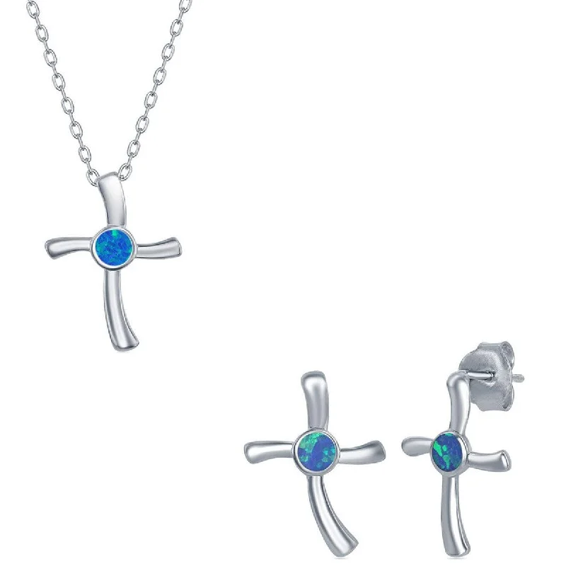 Women's necklaces open-link-Opalata Women's Necklace and Earrings Set - Sterling Silver Blue Opal Cross | SET-583