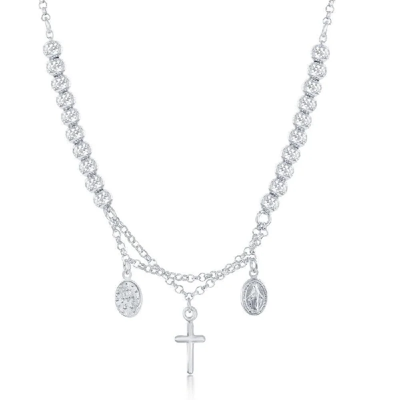 Women's necklaces radiant-rose-Sterling Silver Diamond Cut Cross and Medal Necklace