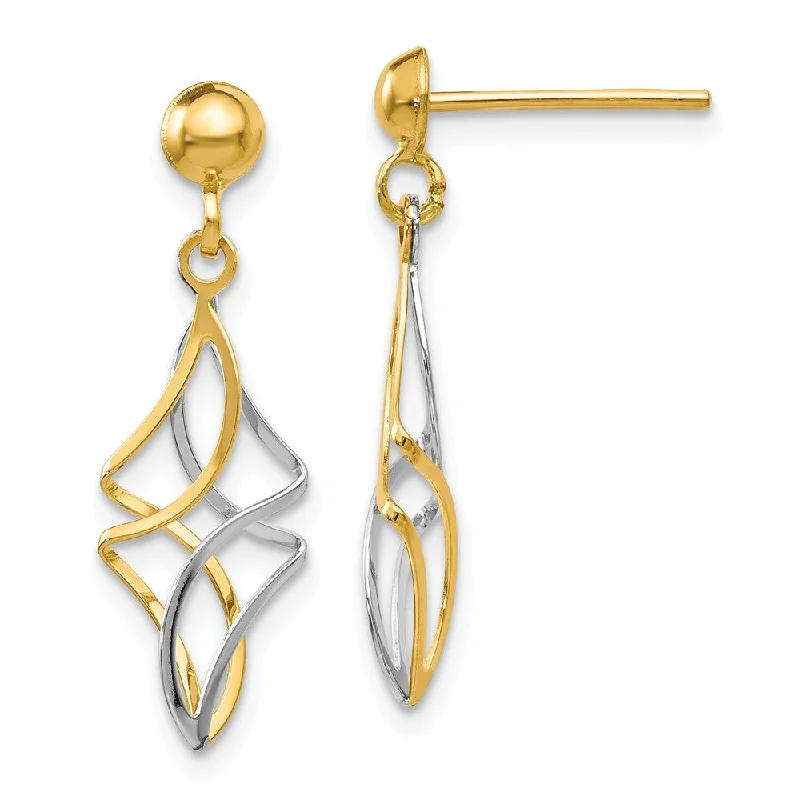 Women's earrings blush-bar-Two Tone Twisted Dangle Post Earrings in 14k Yellow and White Gold