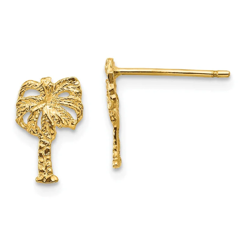 Women's earrings floral-steel-Small Textured Palm Tree Post Earrings in 14k Yellow Gold