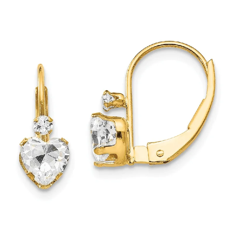 Women's earrings rustic-platinum-Kids Clear Cubic Zirconia Heart Lever Back Earrings in 14k Yellow Gold