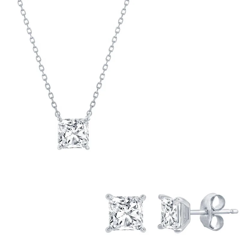 Women's necklaces floral-platinum-Classic Women's Necklace and Earrings Set - Silver Plated Princess Cut CZ | SET-612