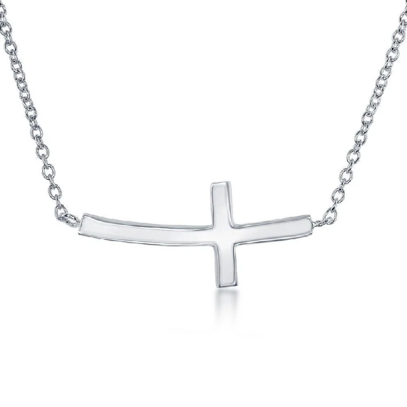 Women's necklaces tender-tone-Sterling Silver Rhodium Plated Curved Sideways Cross Necklace