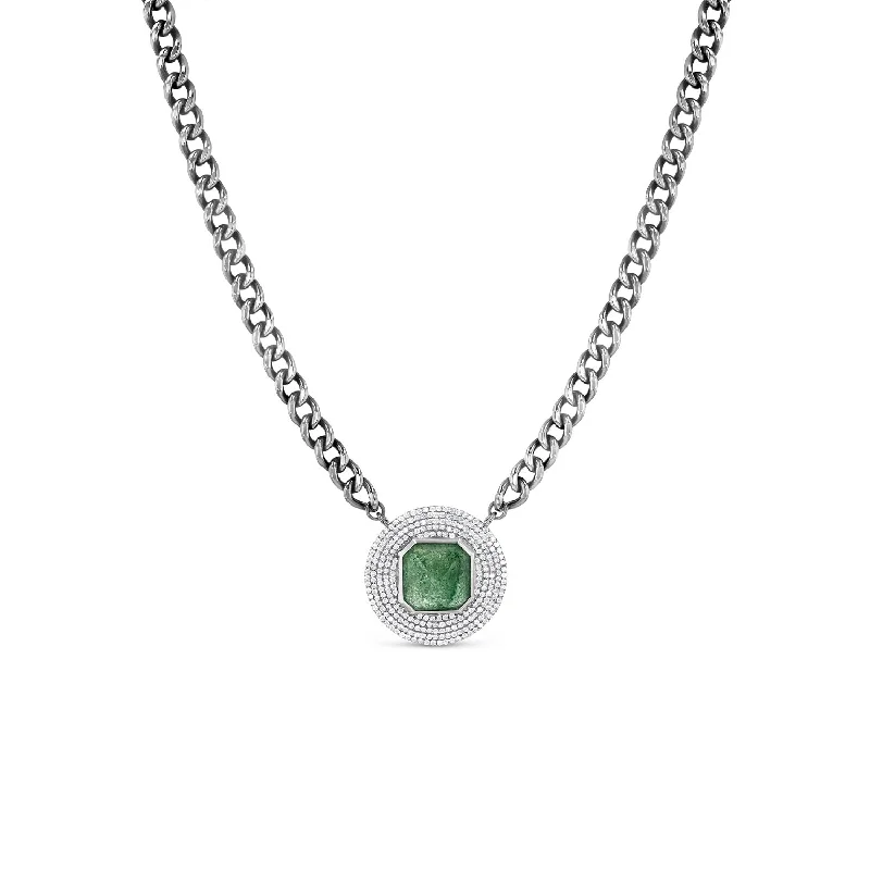 Women's necklaces crafted-pendant-Green Quartz & Pave Diamond Pendant Curb Chain Necklace - 18"  N0002998