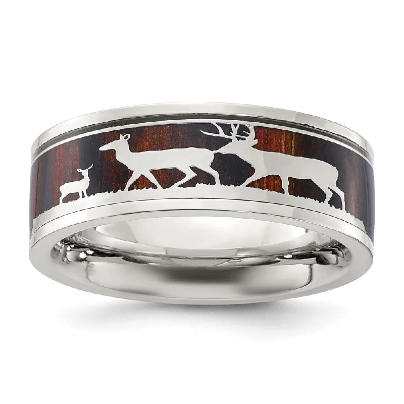 Women's rings rare-zircon-Men's 8mm Stainless Steel Wood & Enamel Inlay Deer Design Flat Band