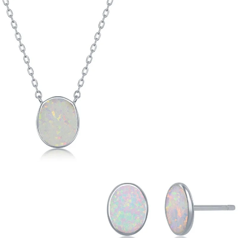 Women's necklaces glowing-sunstone-Opalata Women's Necklace and Earrings Set - Sterling White Opal Oval Disc | SET-582