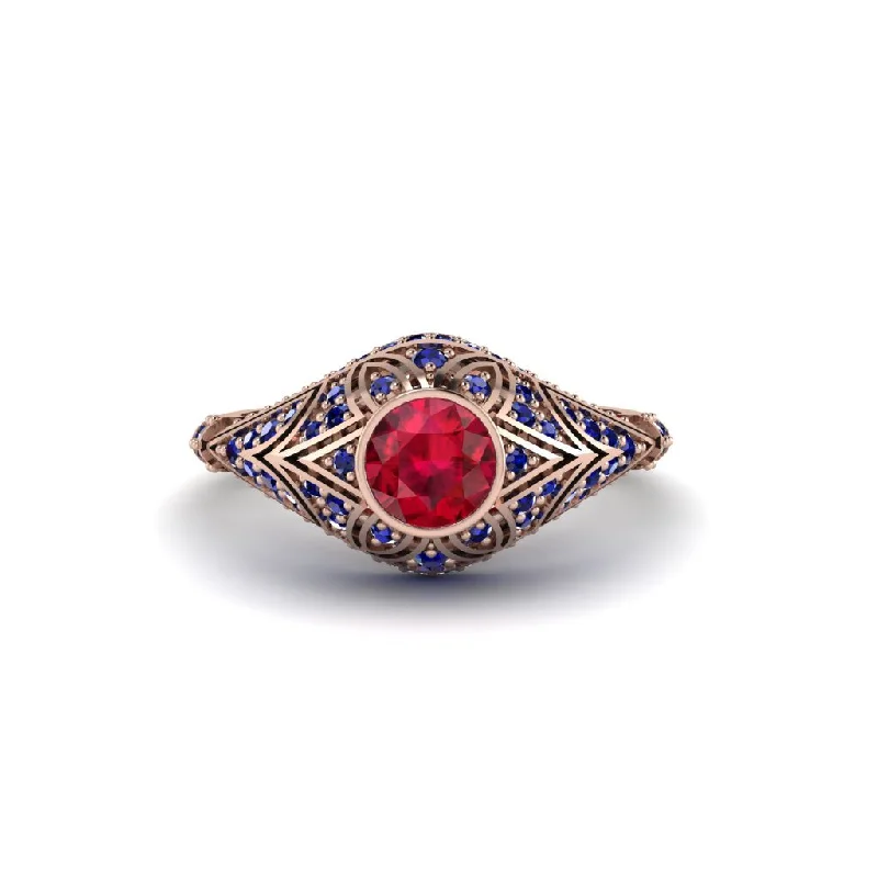 Women's engagement rings elegant-memento-Ruby Bezel Vintage Filigree Engagement Ring - Kendall No. 71