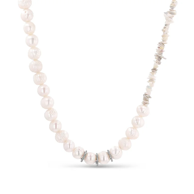 Women's necklaces fine-velvet-Pearl Bead & Australian Opal Chip Necklace with Three Diamond Rondelles - 18"  N0003432