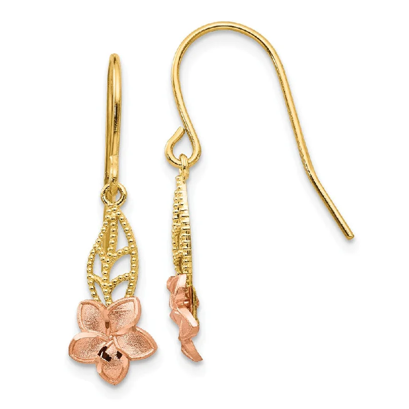 Women's earrings sculpted-stud-Small Two Tone Plumeria Dangle Earrings in 14k Yellow and Rose Gold