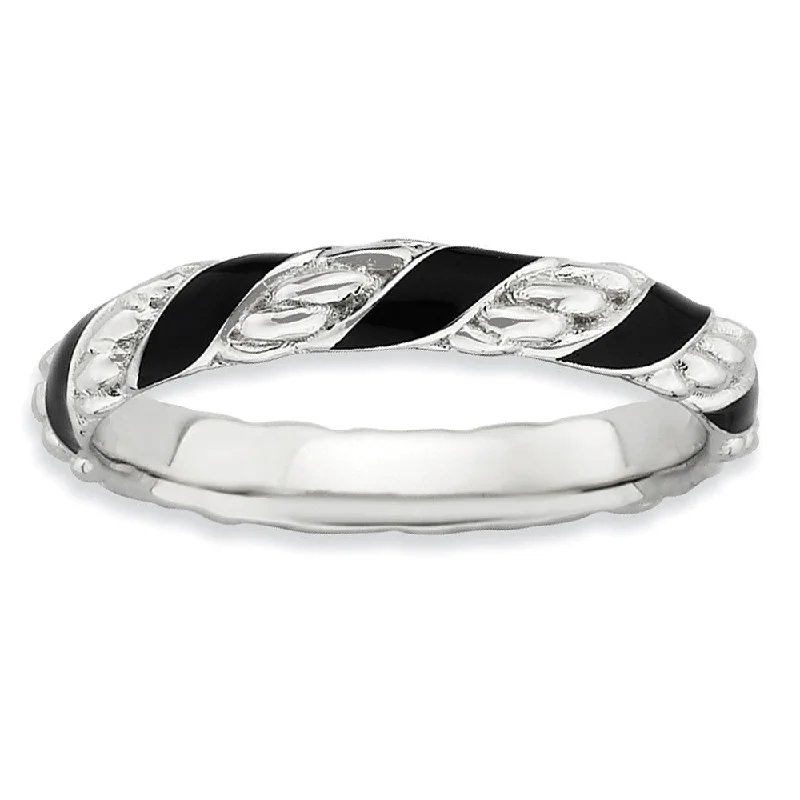 Women's rings chunky-steel-3.25mm Silver Twisted Black Enameled Stackable Band