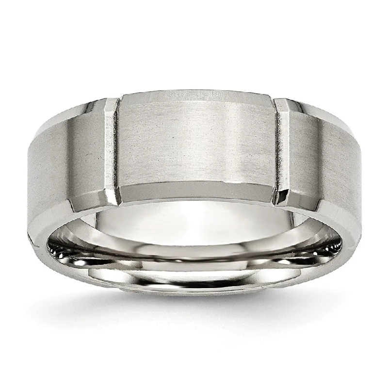 Women's rings shimmering-blush-Men's 8mm Stainless Steel Grooved & Beveled Edge Standard Fit Band