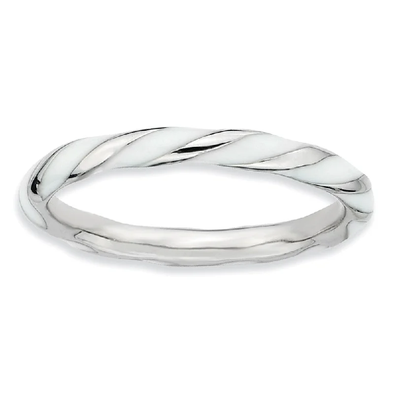 Women's rings sculpted-wave-2.4mm Silver Twisted White Enameled Stackable Band