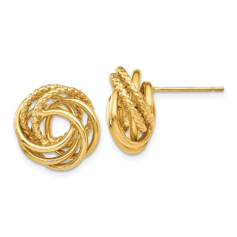 Women's earrings glowing-charm-13mm Polished and Textured Love Knot Earrings in 14k Yellow Gold