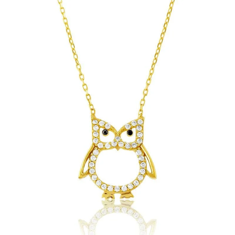 Women's necklaces sparkling-gem-Sterling Silver Gold CZ Open Owl Necklace