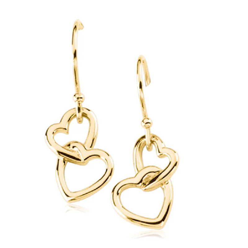 Women's earrings exotic-zircon-Two Heart Earrings, 14k Yellow Gold