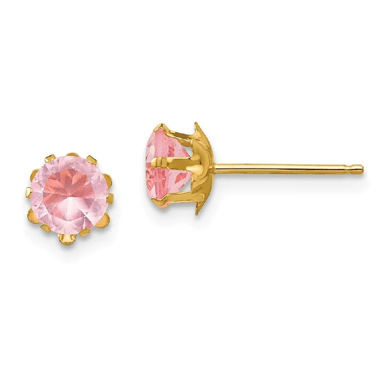 Women's earrings radiant-edge-Kids 5mm Synthetic Pink Tourmaline Birthstone 14k Gold Stud Earrings