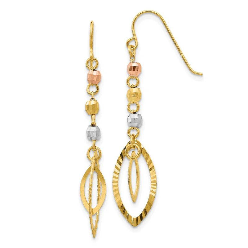 Women's earrings luminous-glow-Tri-Color Bead and Marquise Shaped Dangle Earrings in 14k Gold