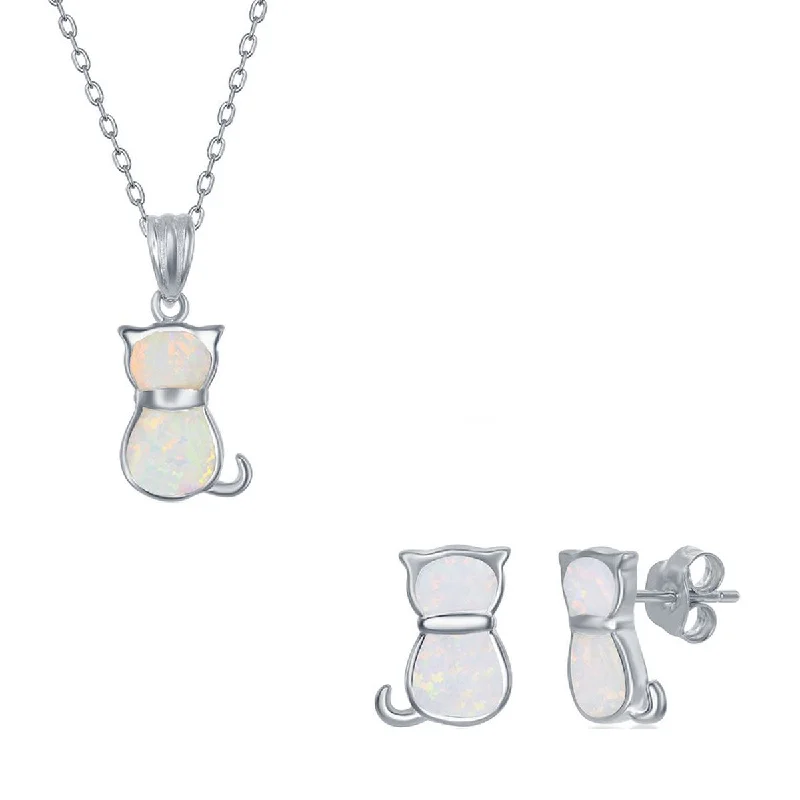 Women's necklaces artisan-etched-Opalata Women's Necklace and Earrings Set - Sterling White Inlay Opal Cat | SET-578