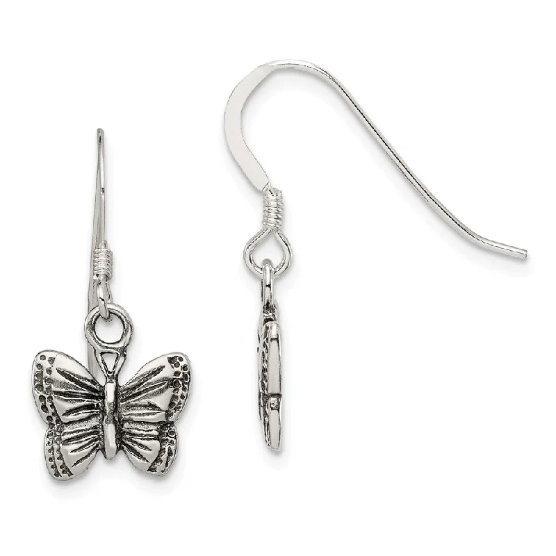 Women's earrings modern-vine-10mm Antiqued Butterfly Dangle Earrings in Sterling Silver