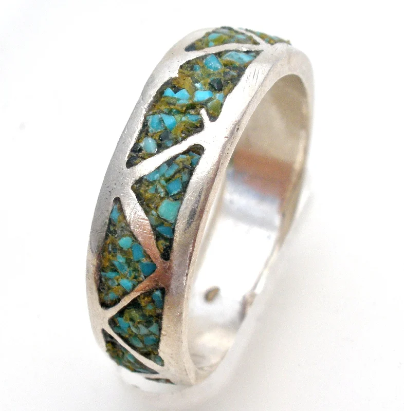 Women's rings twinkling-glow-Sterling Silver Mosaic Turquoise Band Ring Size 7