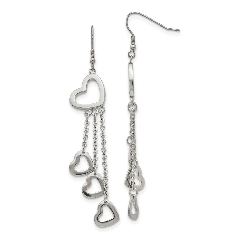 Women's earrings floral-charm-Polished Open Hearts Dangle Earrings in Stainless Steel