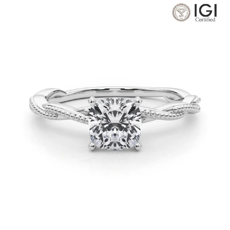 Women's engagement rings marquise-cut-Anastasia Twisted Vine Cushion Lab Grown Diamond Solitaire Engagement Ring IGI Certified