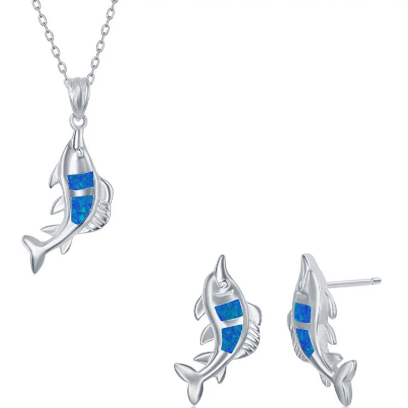 Women's necklaces night-spark-Opalata Women's Necklace and Earrings Set - Sterling Blue Inlay Opal Fish | SET-580